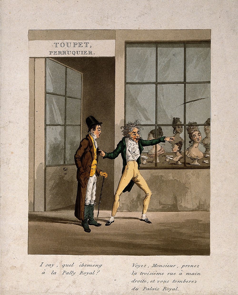 A French wig-seller giving directions to an Englishman outside a wig shop in Paris. Coloured aquatint.