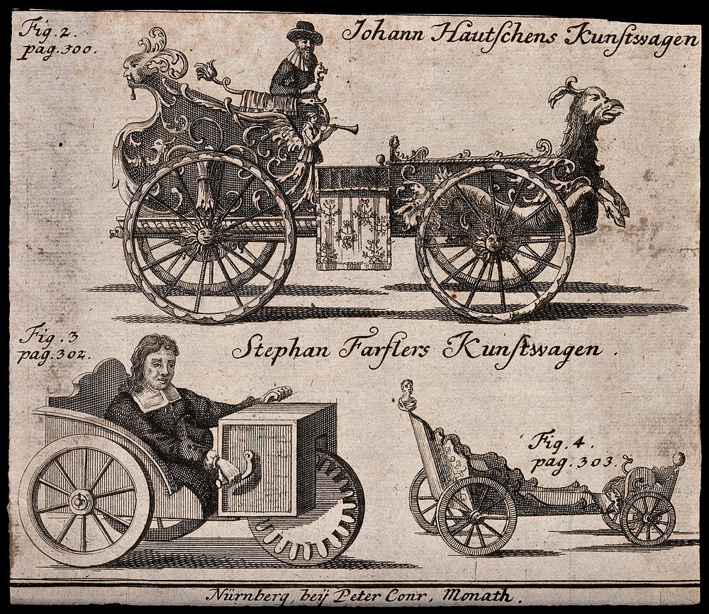 Above, Johann (Hans) Hautsch of Nuremberg driving his horseless carriage said to have been powered by clockwork; below…