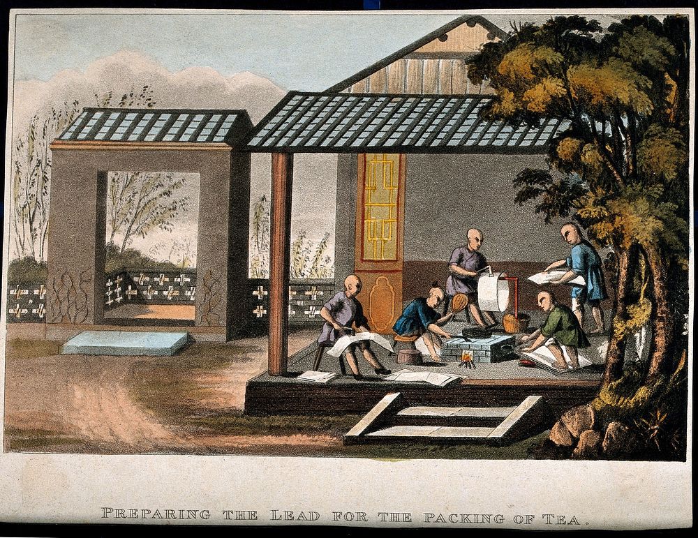 A tea plantation in China: workers prepare lead for tea containers. Coloured aquatint, early 19th century.