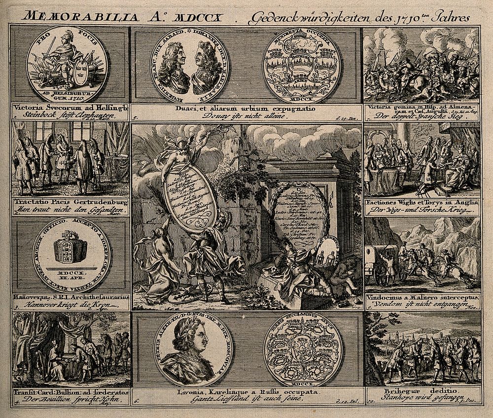 Memorial of European events from the year 1710. Engraving, c. 1722.