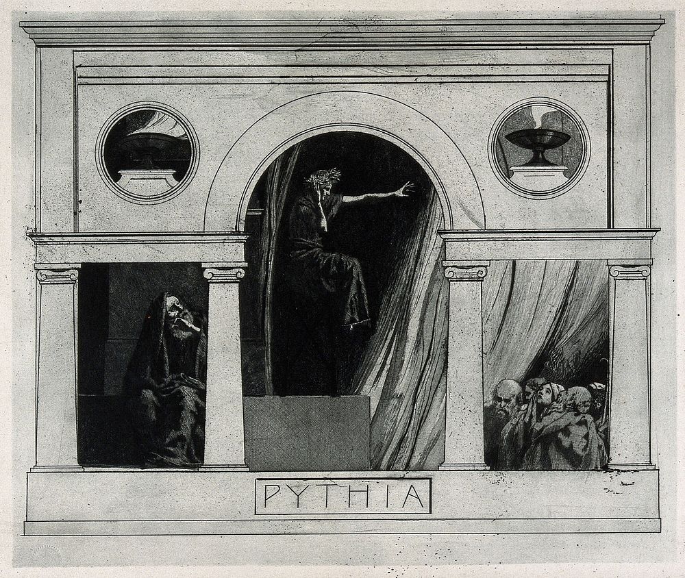 The Pythia of Delphi (Delphic oracle), in her temple, giving prophecies to people. Etching by M. Dasio, 1901.