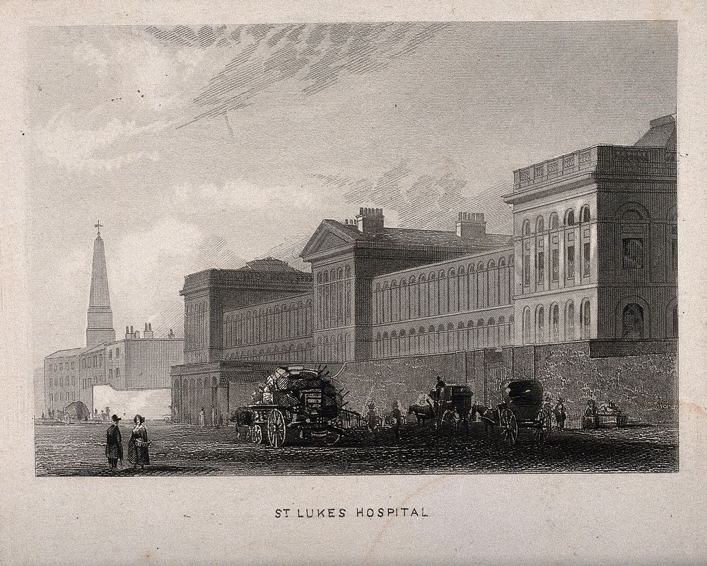St Luke's Hospital, Cripplegate, London: the facade from the east. Engraving after T. H. Shepherd.