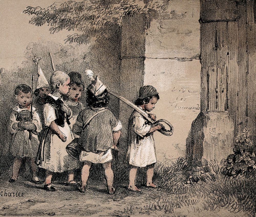 A group of children dress up as soldiers in helmets and carry swords. Lithograph by N.T. Charlet after himself.