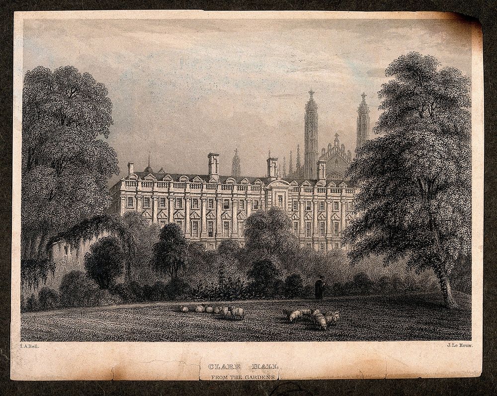 Clare College, Cambridge: view from the Backs. Line engraving by J. Le Keux after J.A. Bell.