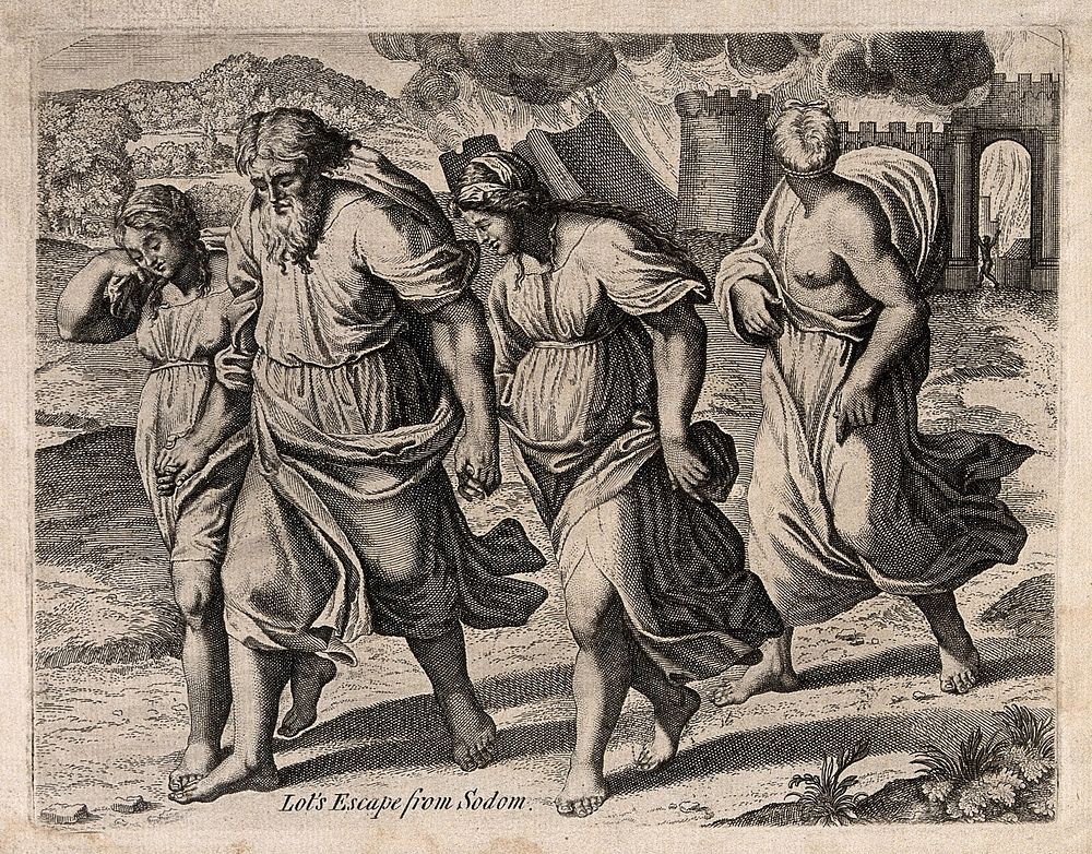 Lot and his family flee while Sodom burns. Engraving.