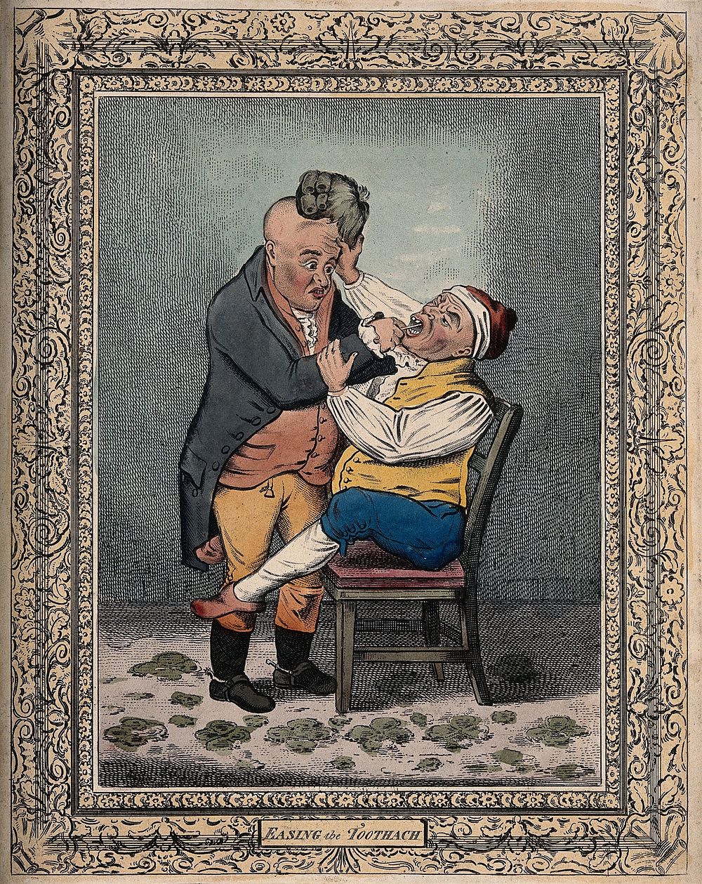 A tooth-drawer extracting a tooth from a patient who is in such pain that he pulls the tooth-drawer's wig off. Coloured…