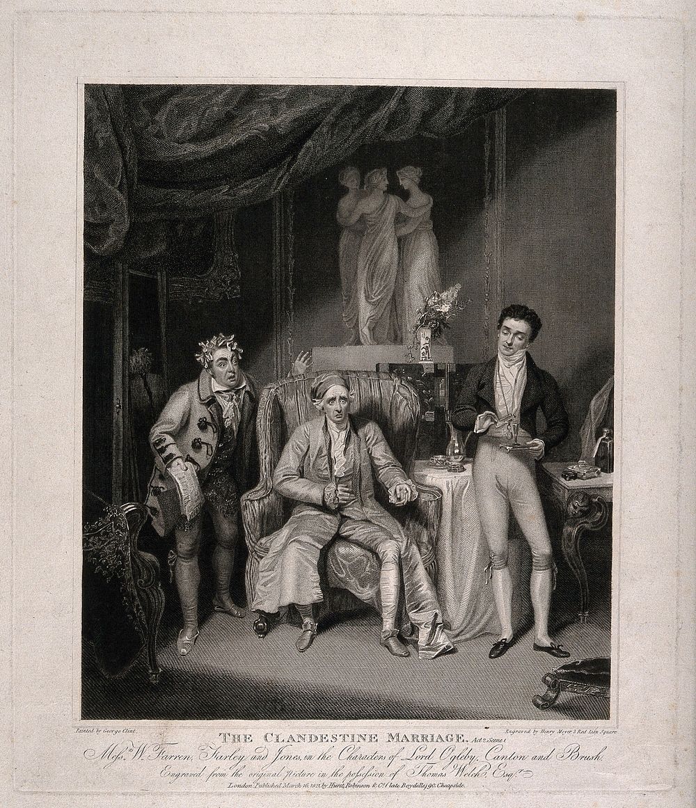 Lord Ogleby with Canton (a valet) and Brush in Colman and Garrick's The clandestine marriage. Engraving by H. Meyer, 1821…