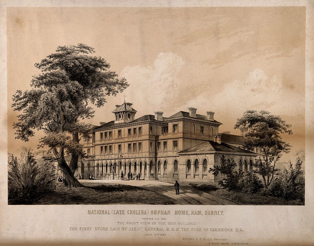 National Orphan Home, Ham, Surrey: side view. Lithograph, c. 1856.