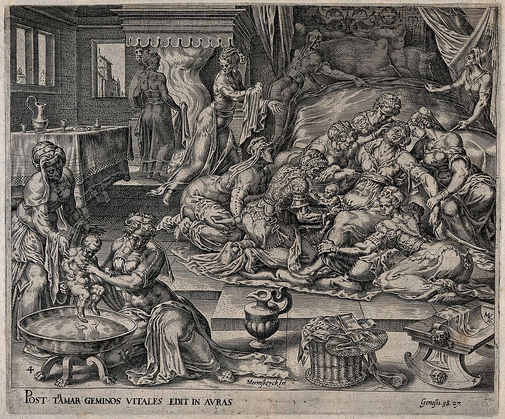 Tamar giving birth to Pharez and Zarah aided by a midwife and many assistants. Engraving by H. Muller after M. van…