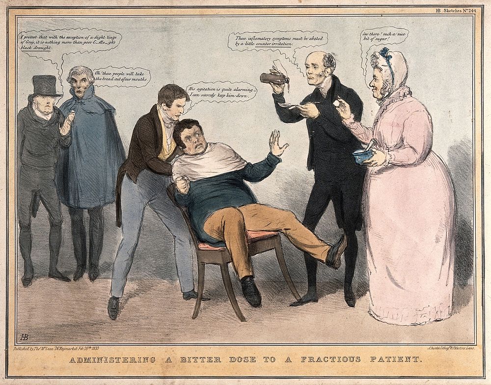 A man being restrained in a chair while a doctor and nurse prepare to give him some medicine; referring to English…