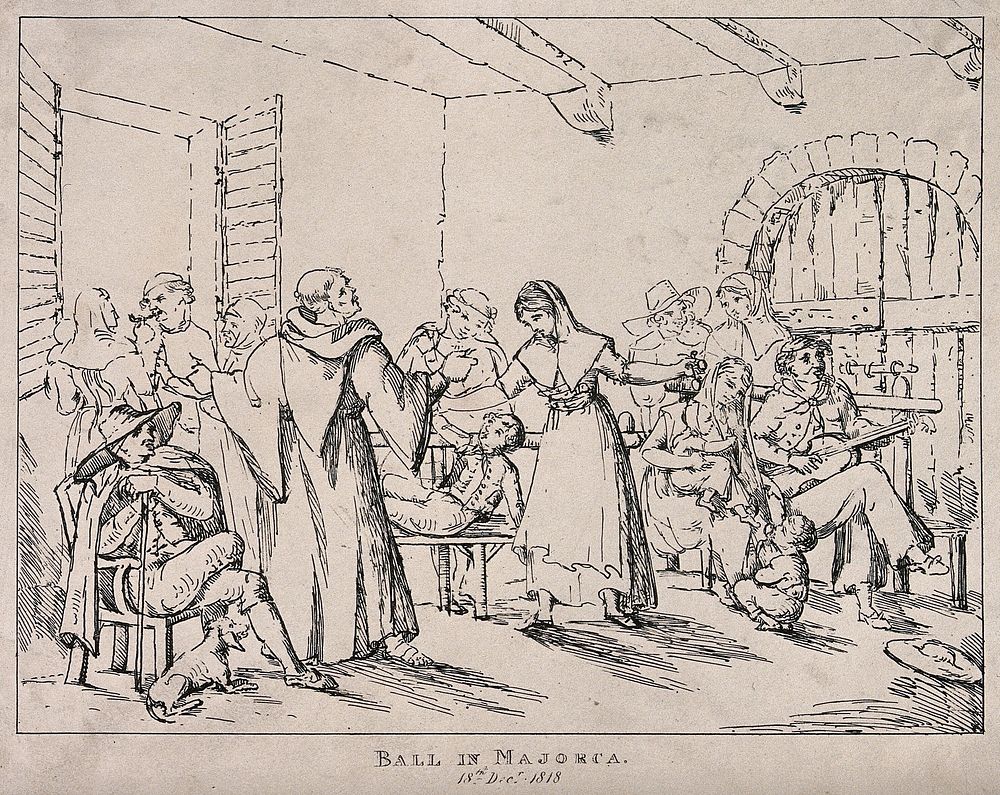 Majorca: a monk dances with a young woman as others watch, accompanied by a guitarist. Etching.