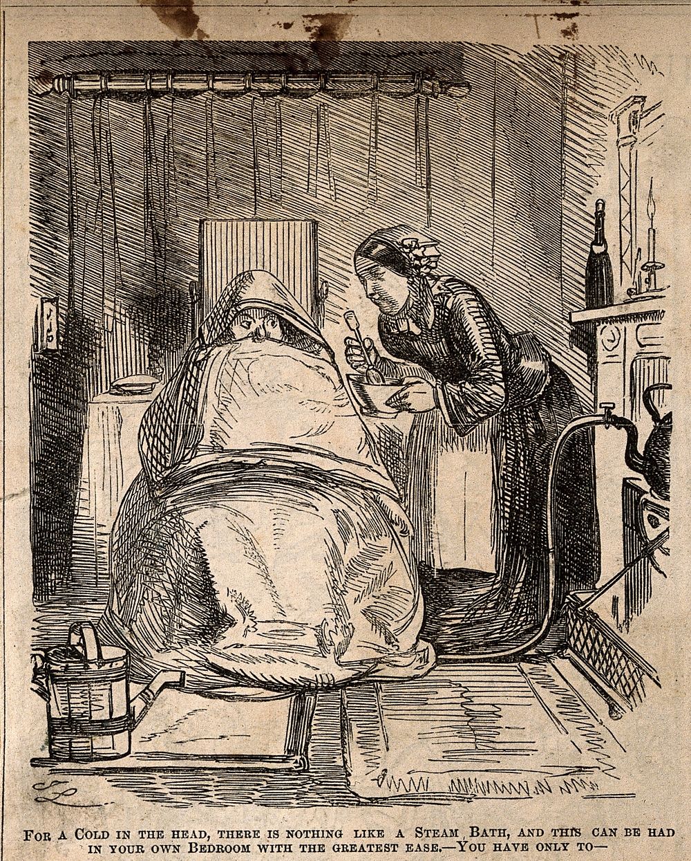 A man ill with a cold, wrapped in blankets as his servant attempts to give him a steam bath. Wood engraving.