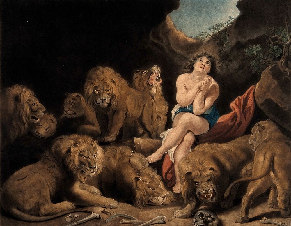 Surrounded by lions, Daniel prays for his life. Coloured mezzotint by W. Ward, 1794, after P.P. Rubens.
