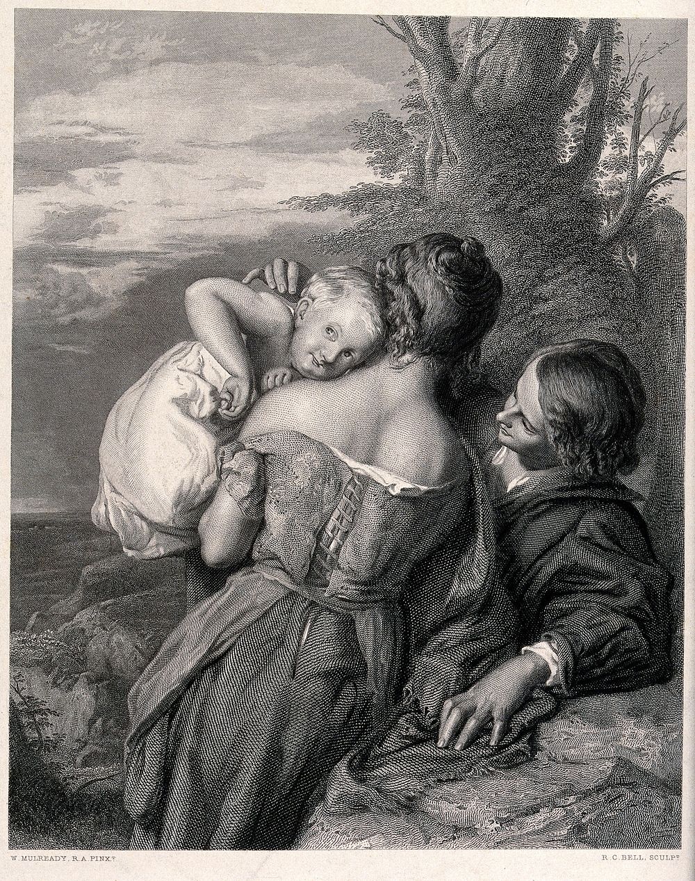 A brother and sister rest in a rocky landscape and play with a baby. Engraving by R.C. Bell after W. Mulready. R.A.