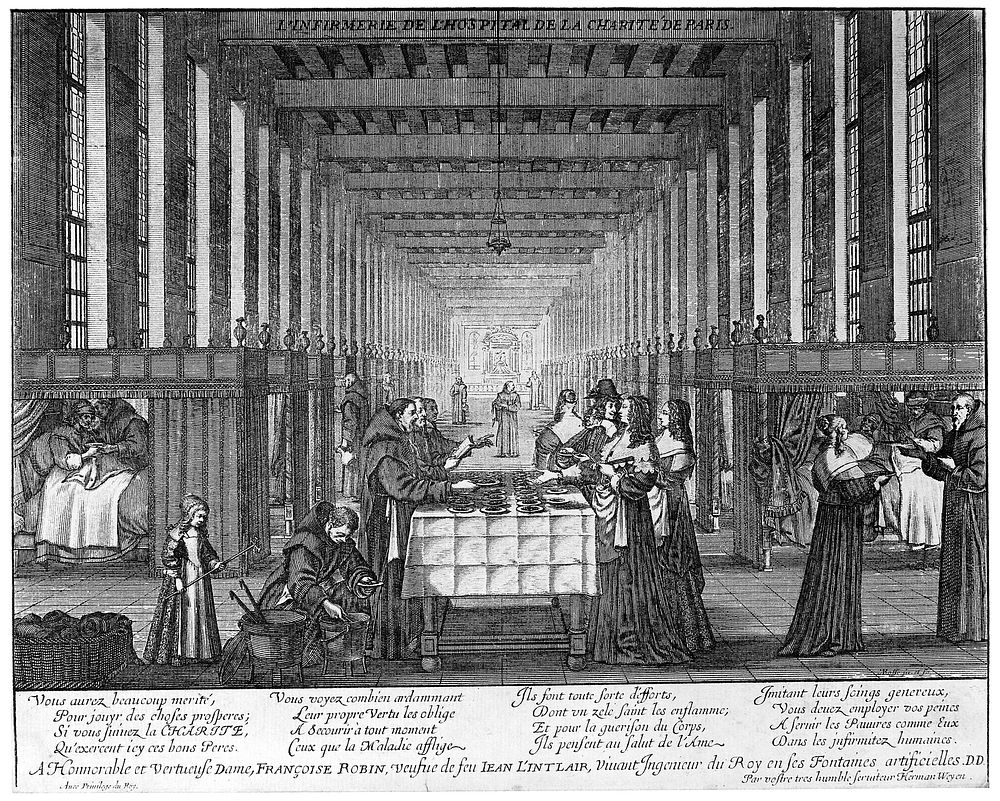Hopîtal des Frères de la Charité, Paris: Anne of Austria visiting the charitable work of the monks. Line engraving by A.…