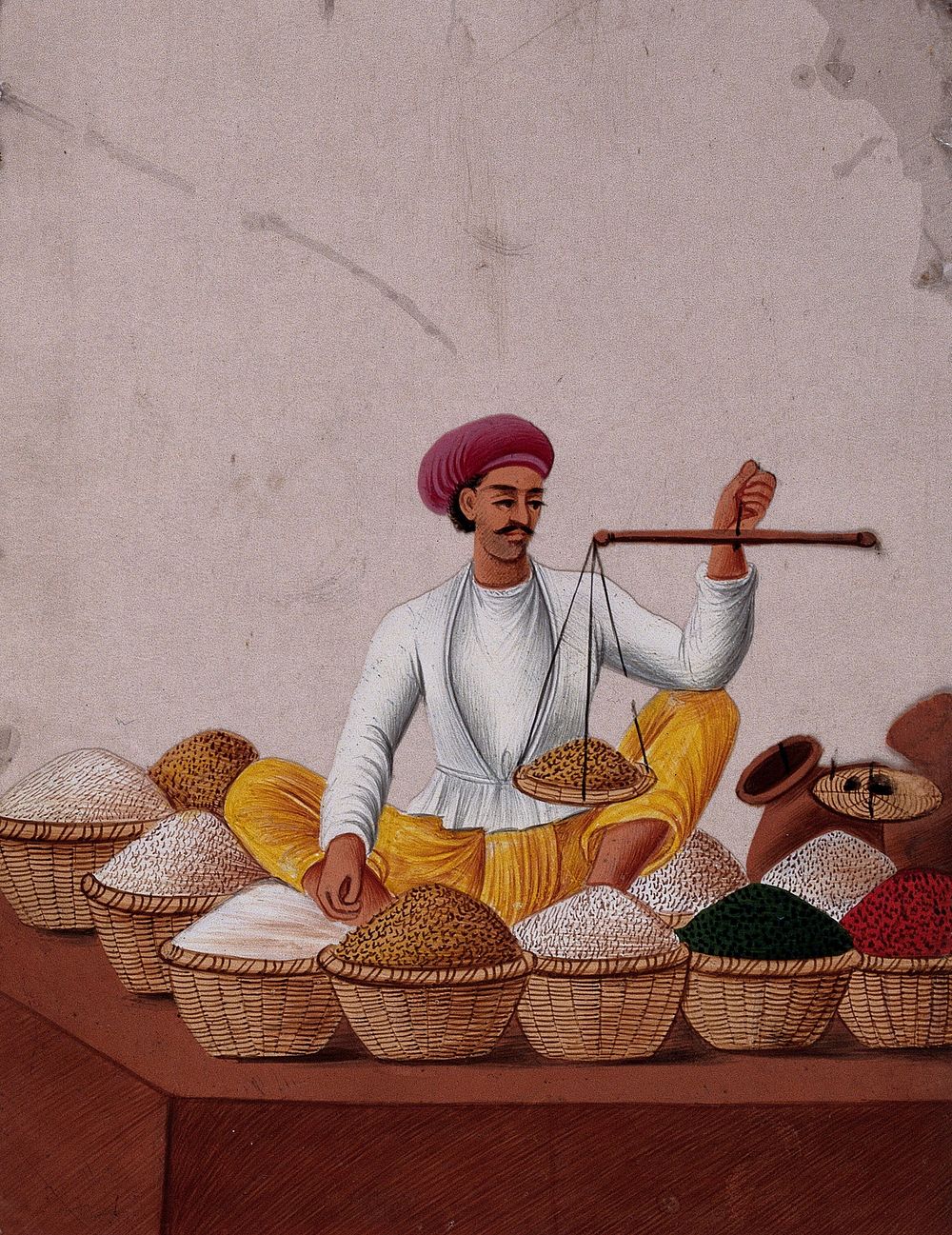 A shopkeeper weighing pulses . Gouache painting on mica by an Indian artist.