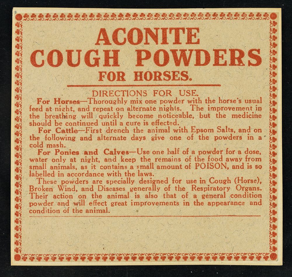 Aconite cough powders for horses.