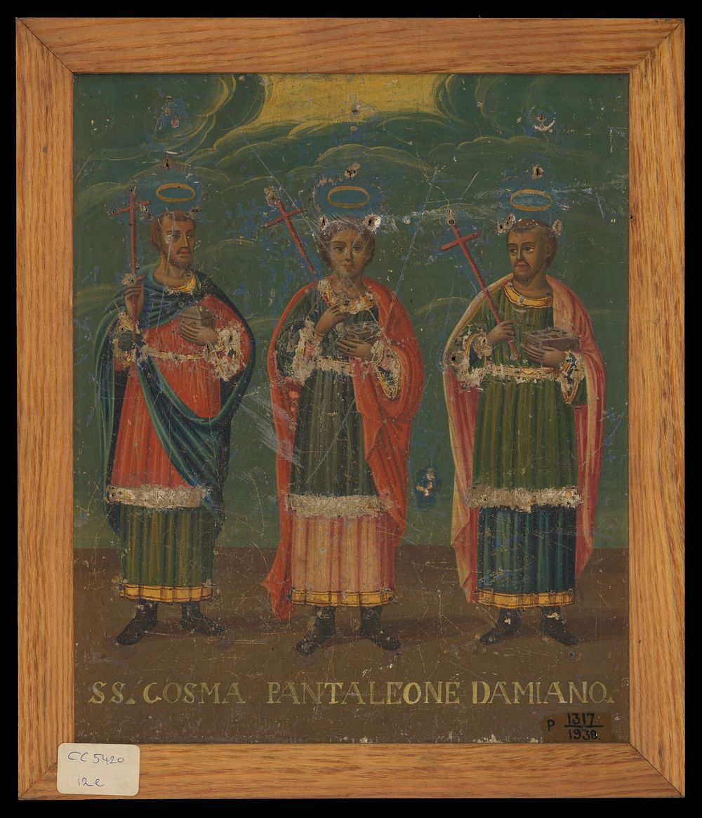 Saint Cosmas, Saint Panteleimon, and Saint Damian. Oil painting.