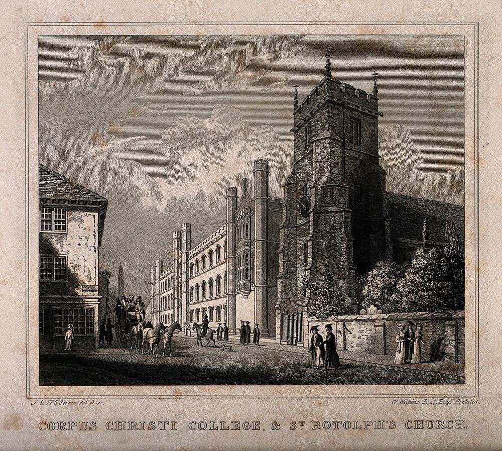 Corpus Christi College and St. Botolph's Church, Oxford. Line engraving by J. & H.S. Storer after W. Wilkins.