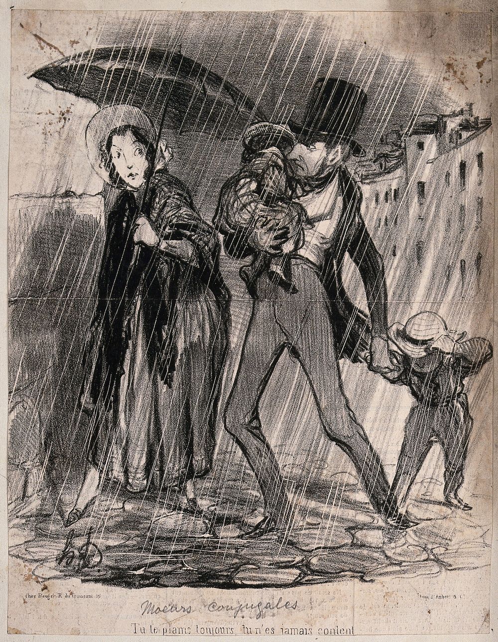A family group out in heavy rain, the woman is under an umbrella, the disgruntled husband is following with two children.…