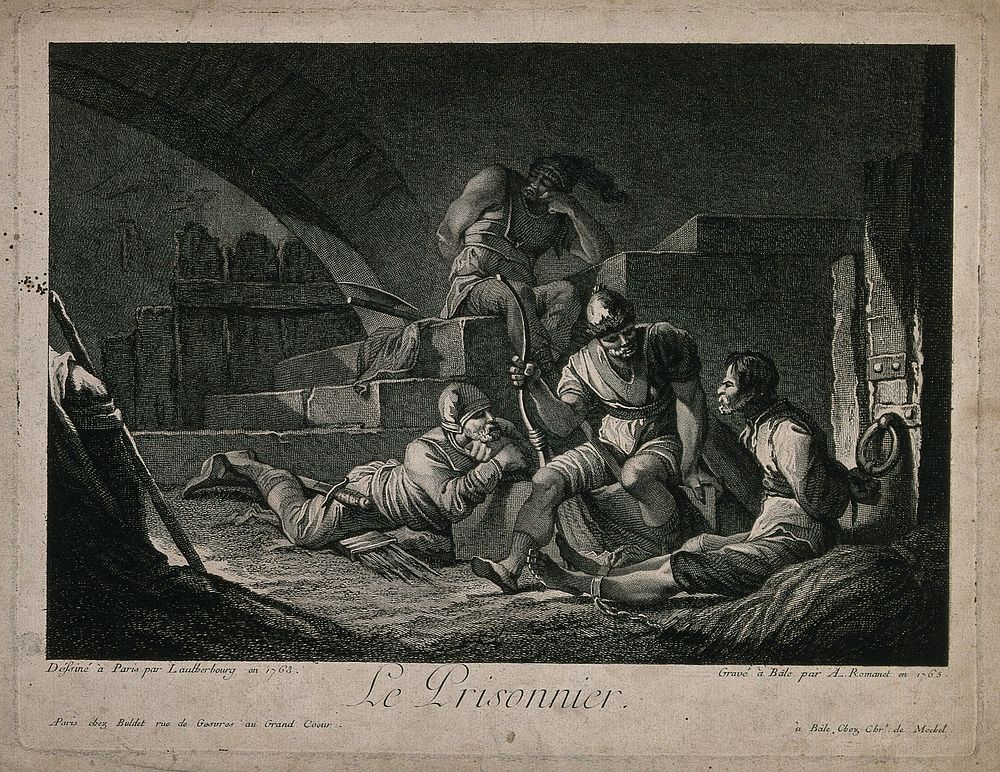 The guards in charge of a prisoner chained to the wall are talking to him. Engraving by A.L. Romanet after P.J. Loutherbourg.