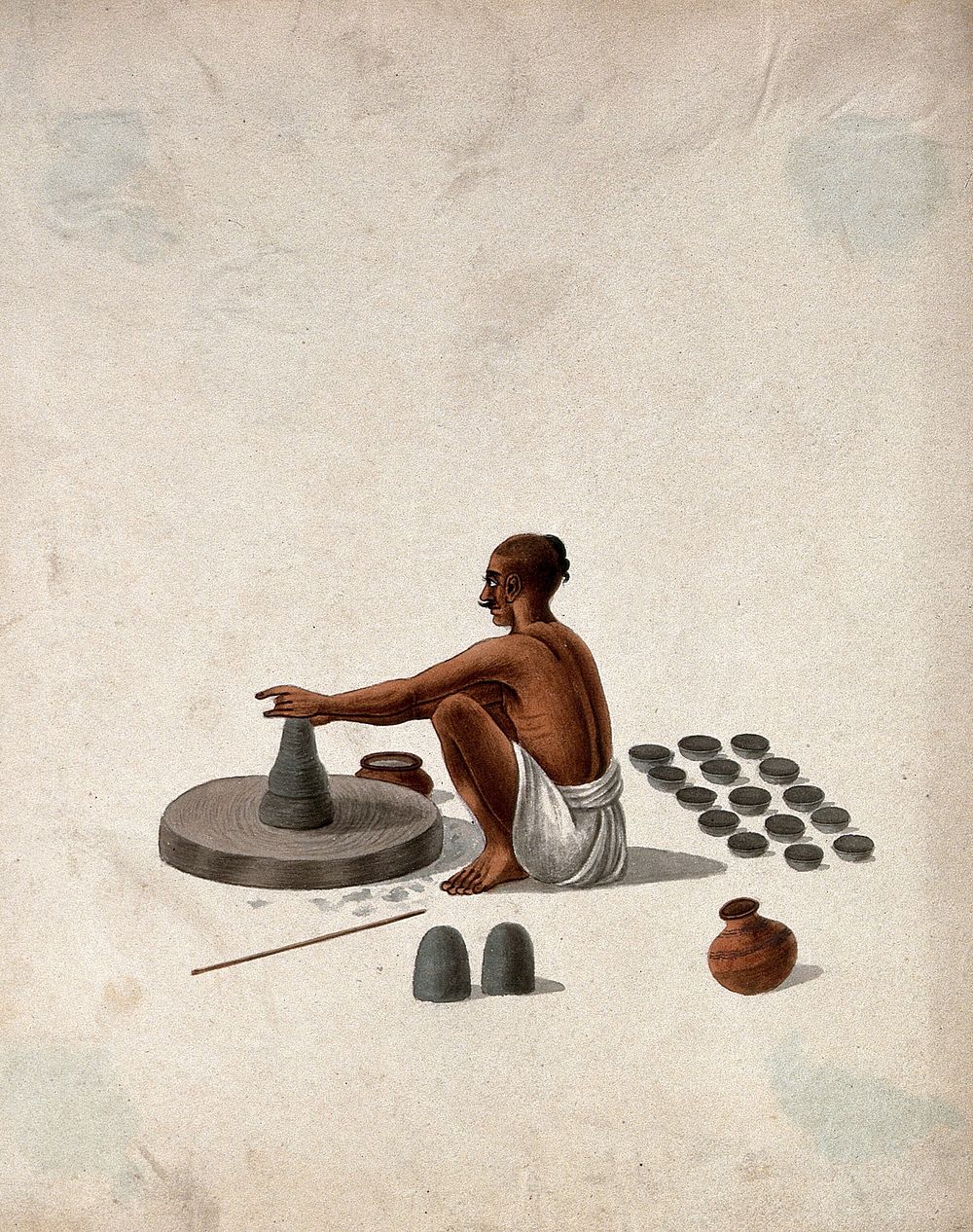A potter working on the wheel. Gouache painting by an Indian artist.