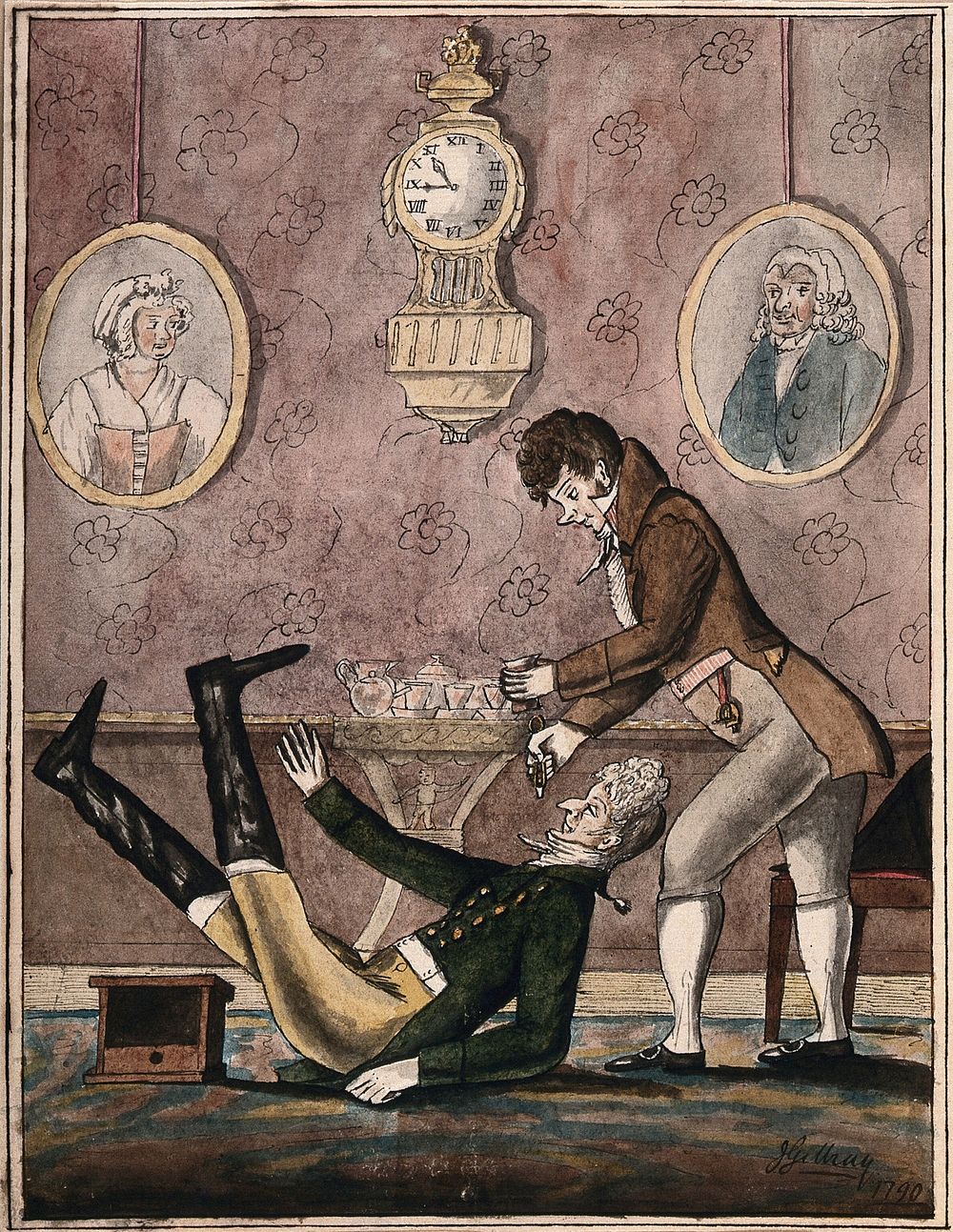 A wealthy patient falls over having a tooth extracted with vigour by a fashionable dentist. Watercolour, 18--.