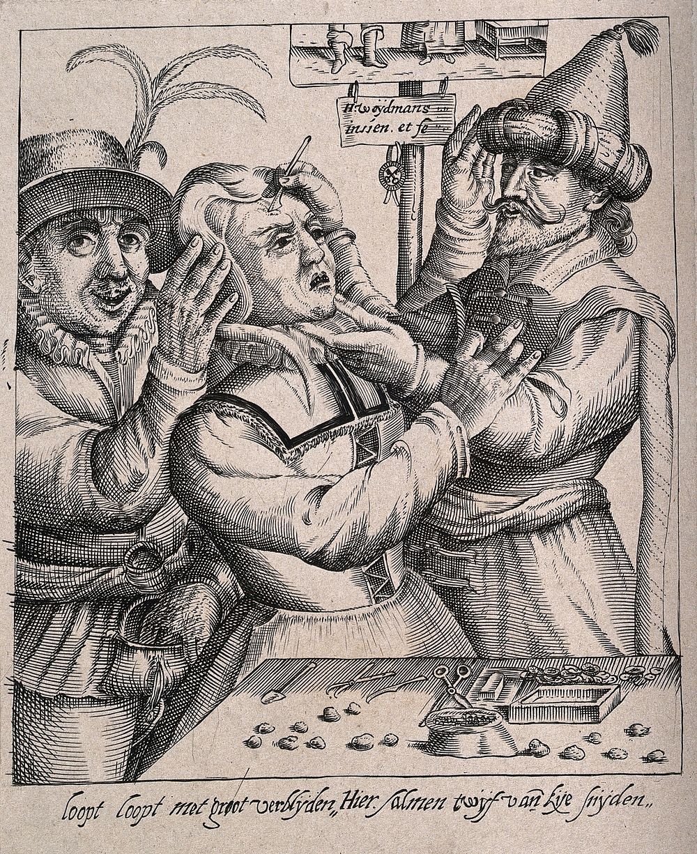 An itinerant surgeon extracting stones from a woman's head; symbolising the removal of her 'folly' (insanity). Line…