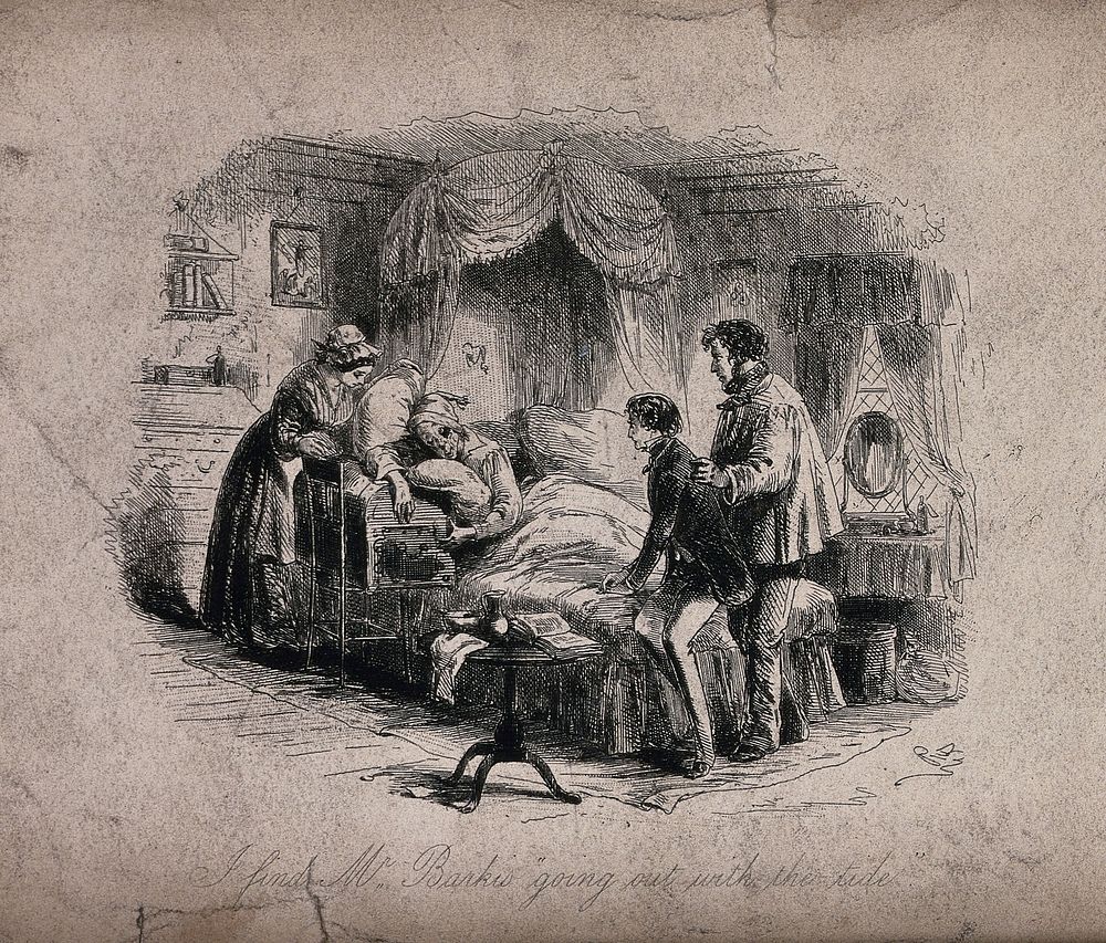 A dying man is surrounded by two men and a woman. Etching.