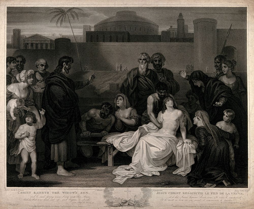 Christ raising the widow's son. Stipple engraving by J. Godby after R. Smirke, 1808.