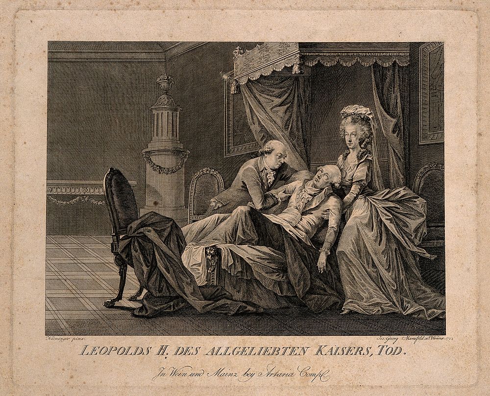 The death of Emperor Leopold II, his wife and a physician  in attendance. Engraving by J.G. Mansfeld, 1792, after V.G.…
