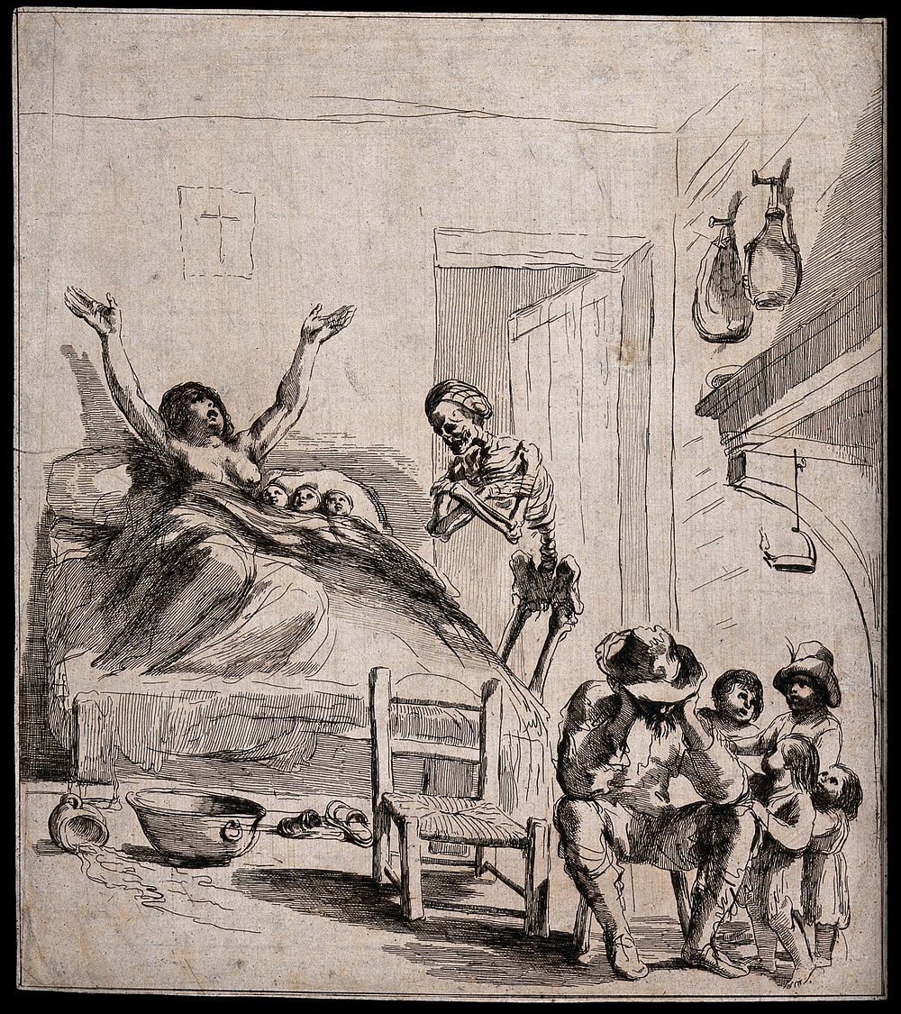 Death visits a mother and her three newborn babies. Etching after a design attributed to G.F. Barbieri, il Guercino.