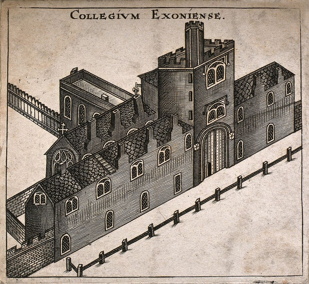 Exeter College, Oxford: bird's eye view. Wood engraving.