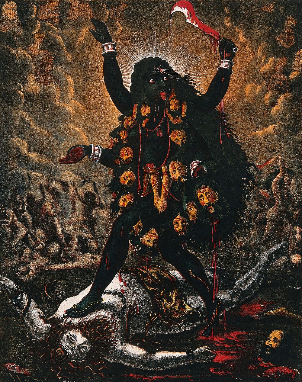 Kali standing triumphantly over Shiva's corpse. Chromolithograph.