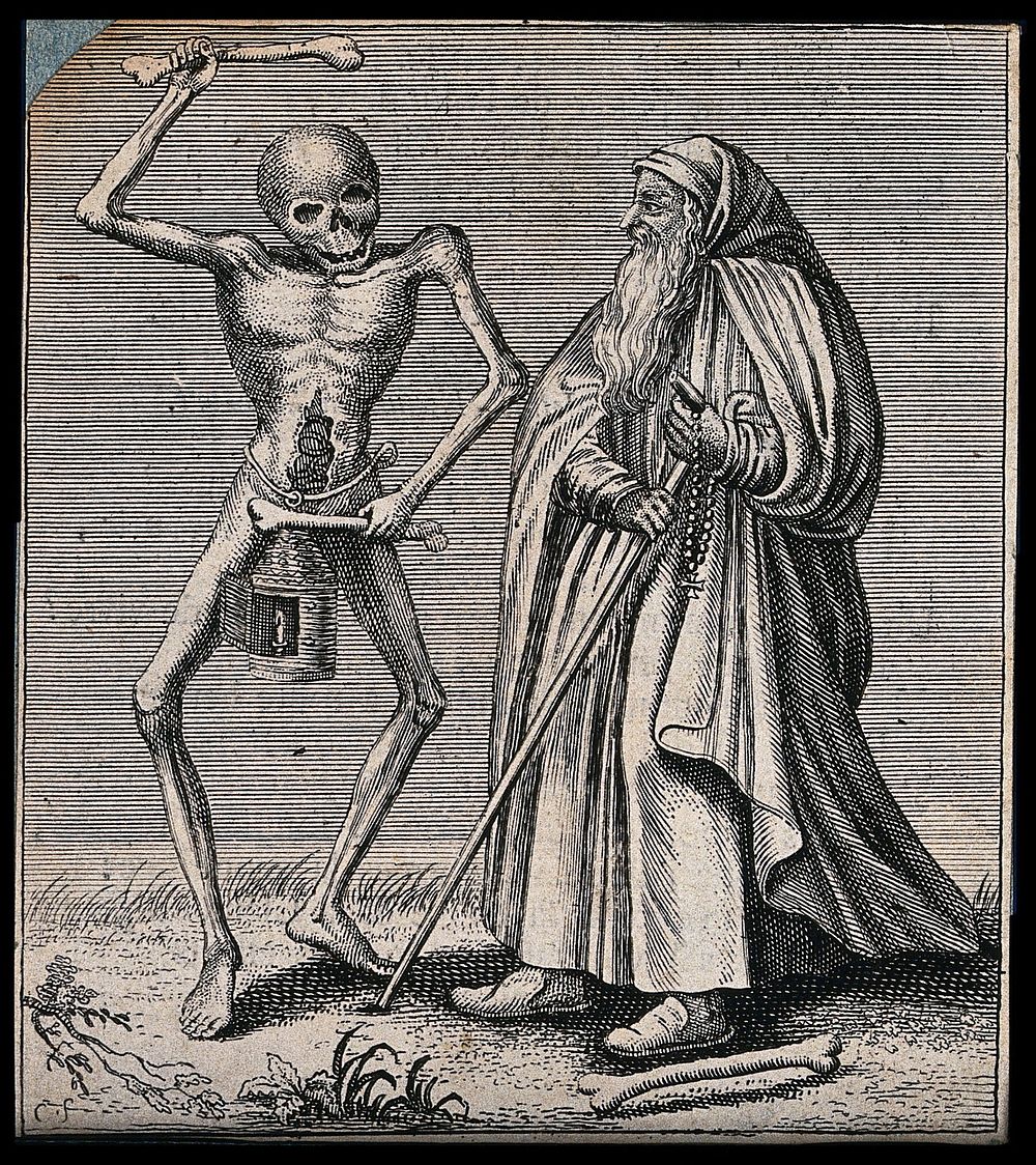 Dance of death: death and the hermit. Etching attributed to J.-A. Chovin, 1720-1776, after the Basel dance of death.