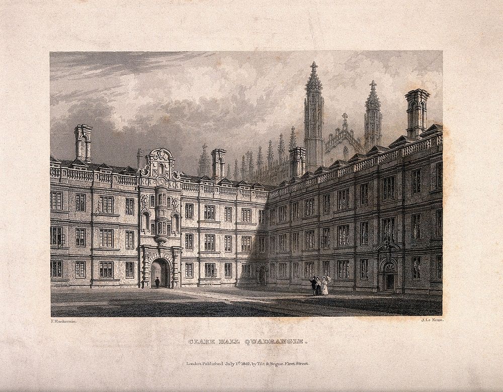 Clare College, Cambridge: east and south ranges. Line engraving by J. Le Keux, 1842, after F. Mackenzie.