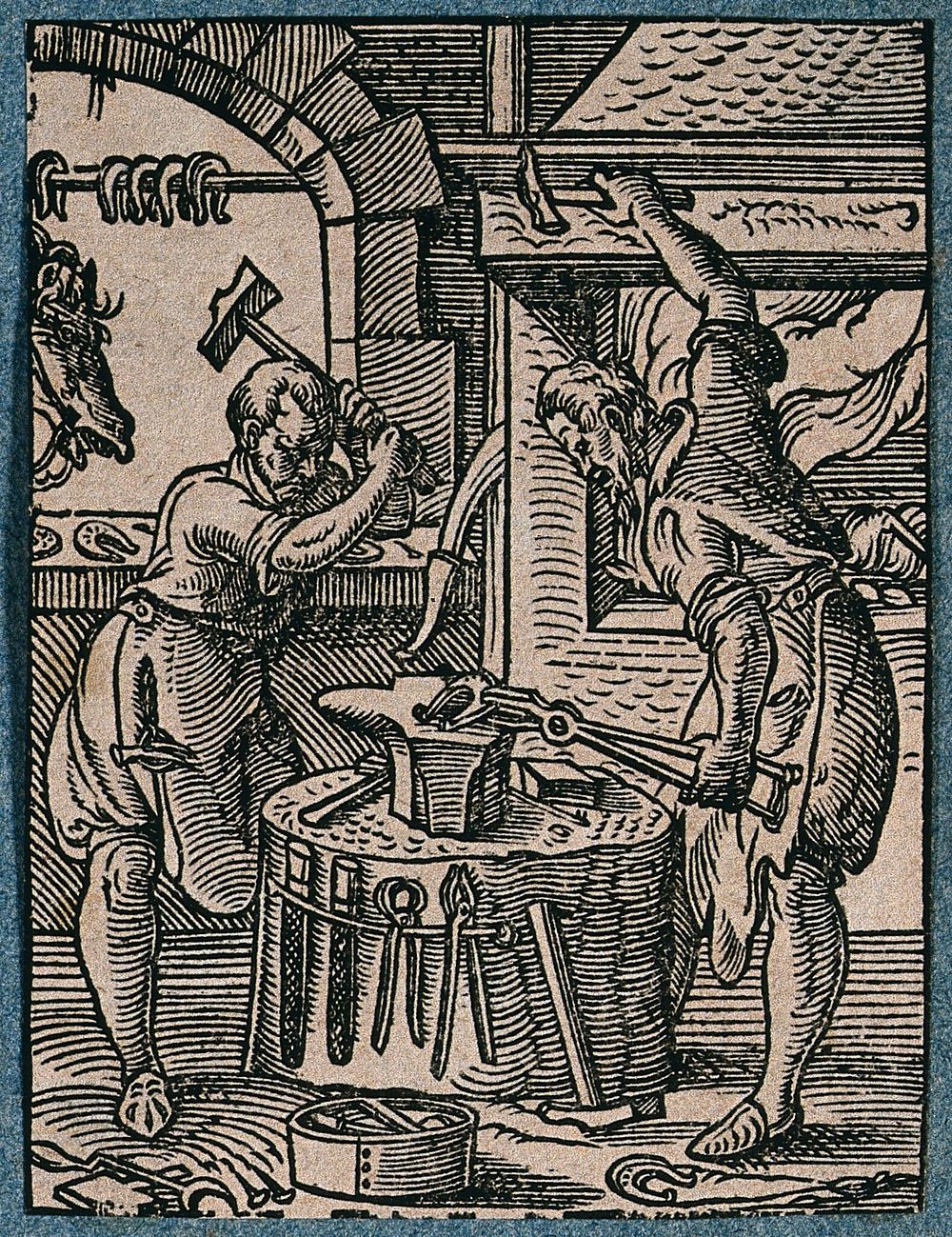 Blacksmiths making a horseshoe on an anvil while finished horseshoes hang on a rail in the window. Woodcut by J. Amman.