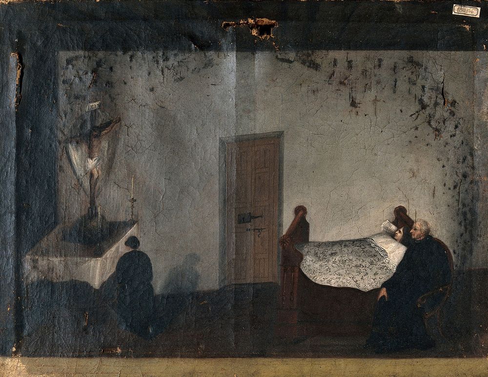 Maria Diaz sick in bed, a priest attending her and her mother praying to Christ on the cross. Oil painting by a Portuguese …