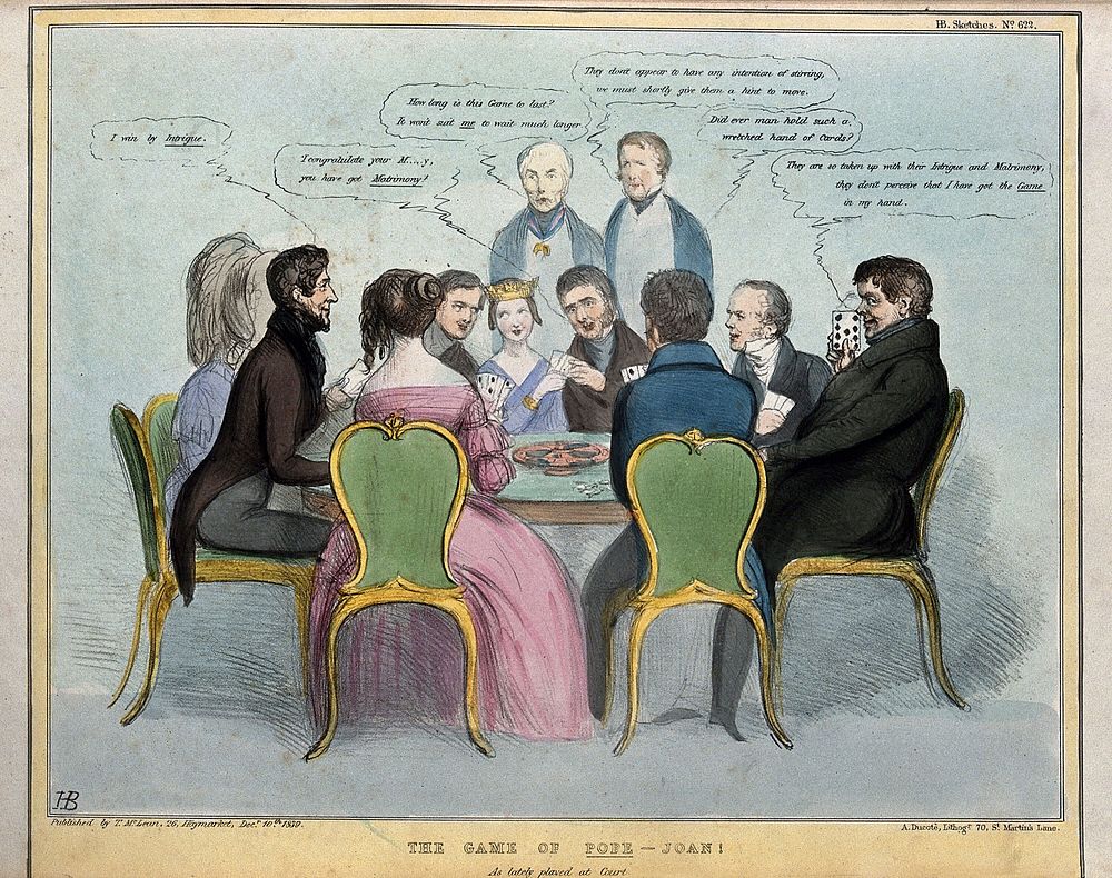 Seated at a card table are Queen Victoria and Prince Albert with Lord Normanby and Daniel O'Connell at the ends. Coloured…