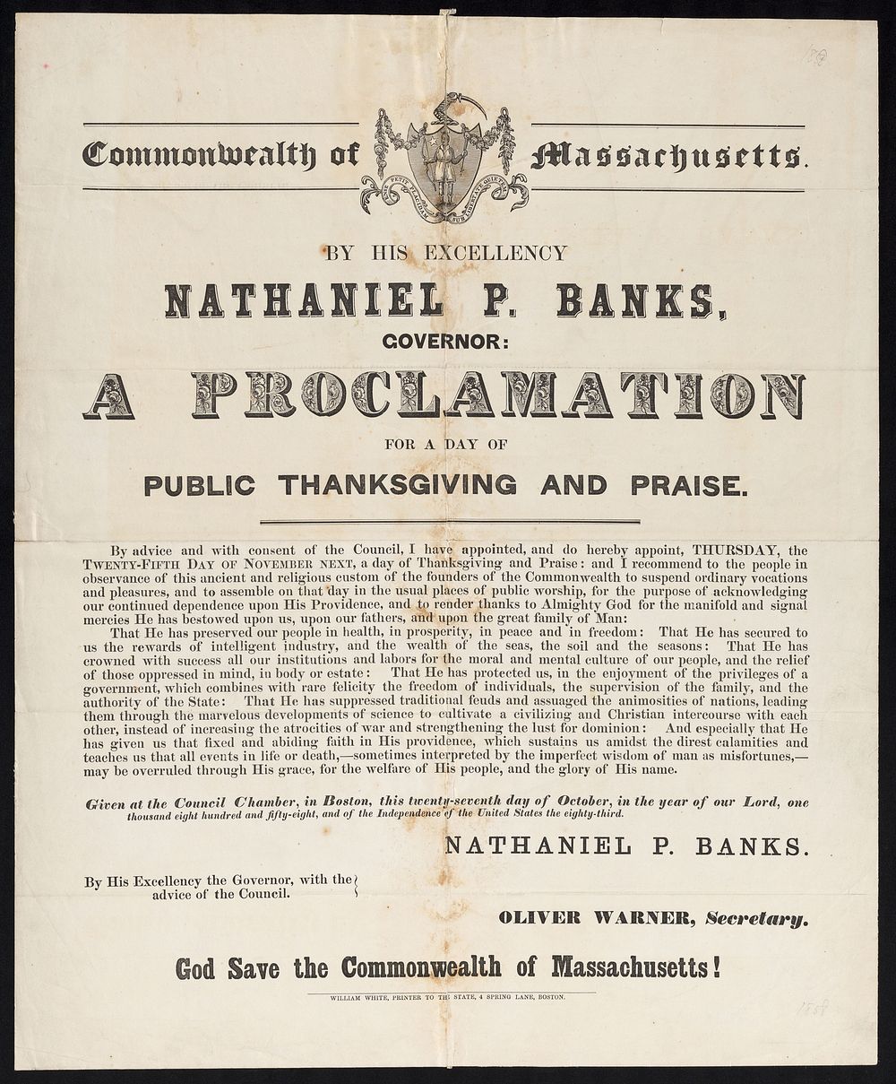 Commonwealth of Massachusetts : By His Excellency Nathaniel P. Banks, governor: a proclamation for a day of public…