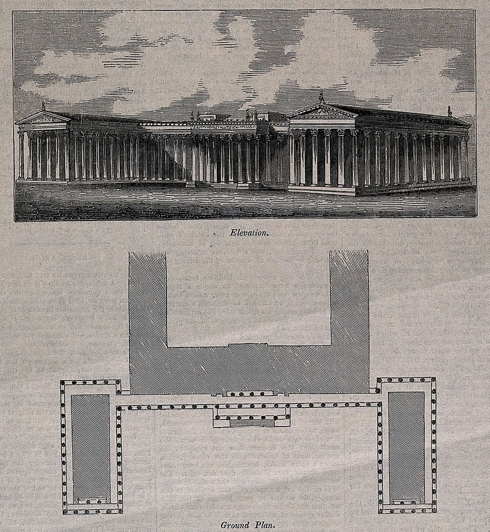 The British Museum: (above) the entrance facade, (below) the plan. Wood engraving after a design attributed to G. R. French…