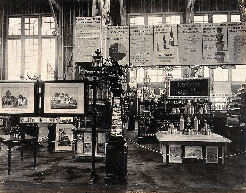 The 1904 World's Fair, St. Louis, Missouri: an Argentine agricultural exhibit displaying national produce. Photograph, 1904.