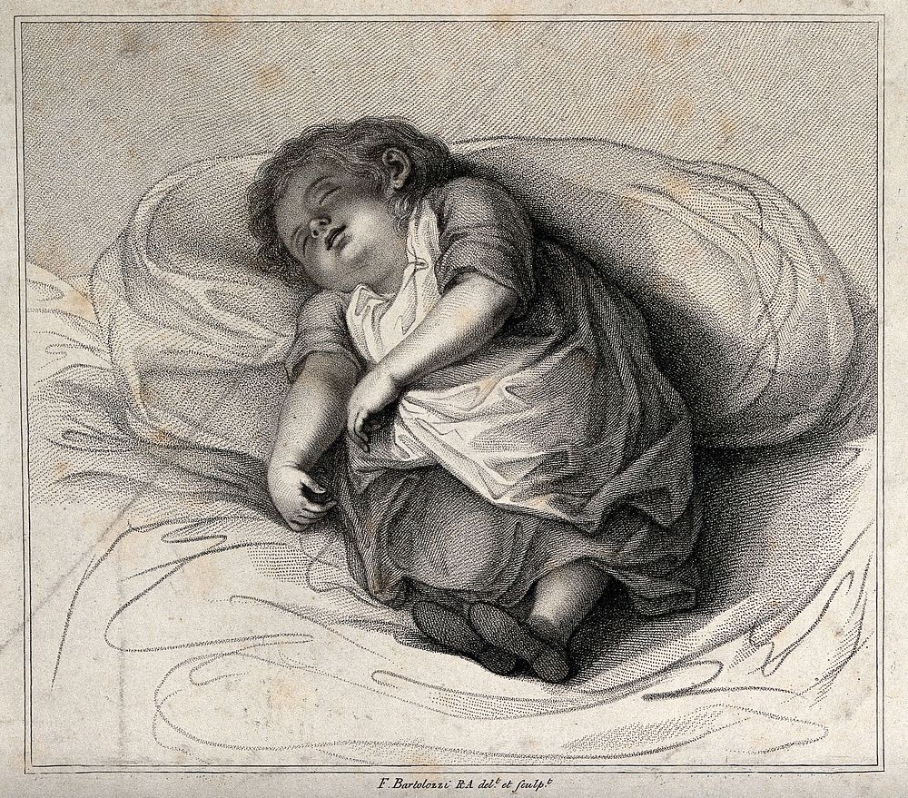 A small child asleep leaning against a pillow. Stipple engraving by F. Bartolozzi.
