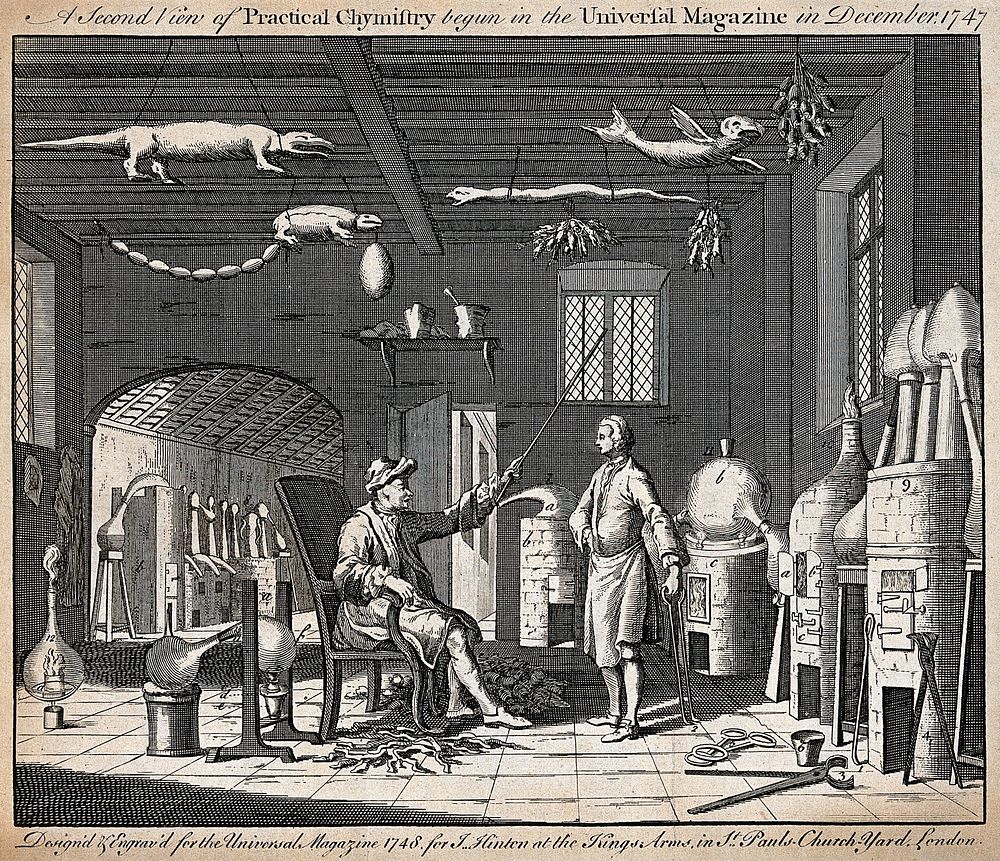 A chemist's laboratory, with the apparatus numbered for a key. Engraving, 1748.