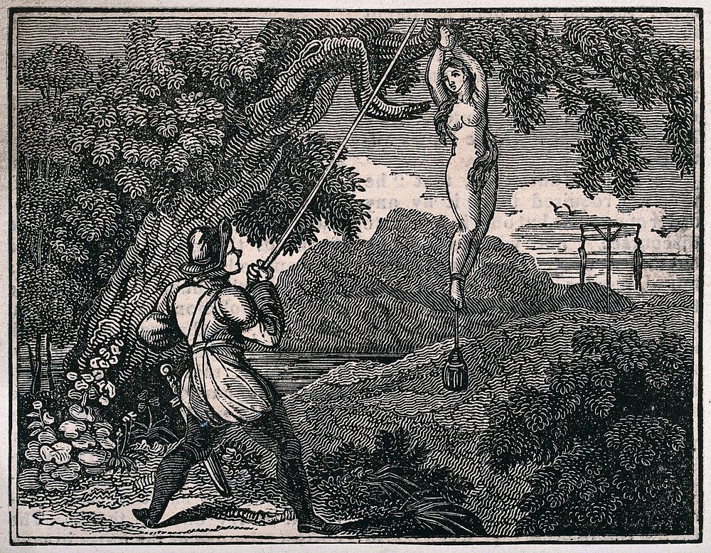 A naked young woman hung by her wrists on the branch of tree with weights around her ankles. Wood engraving.