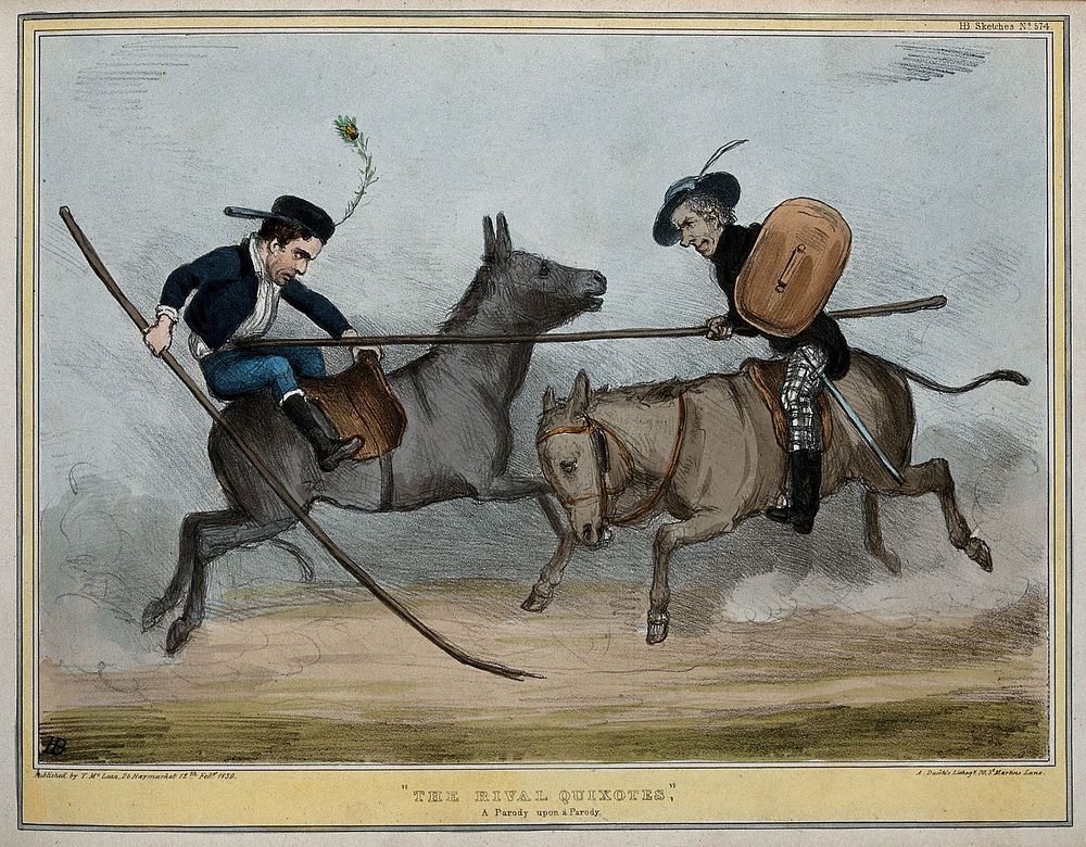 Lord Durham and Lord Brougham jousting, Durham about to be unseated. Coloured lithograph by H.B. (John Doyle), 1839.
