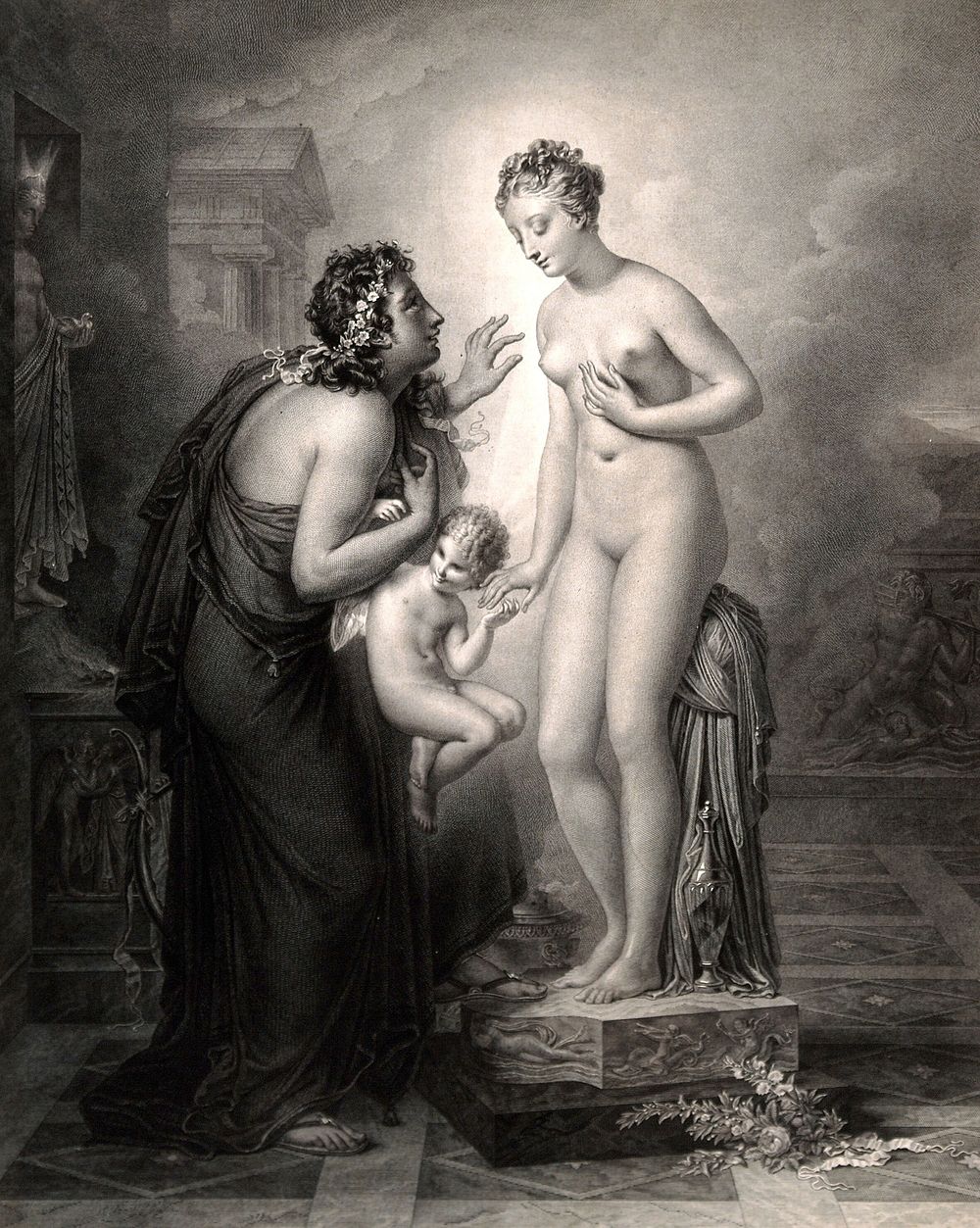 Pygmalion with his statue of a woman that comes to life. Engraving by J.N. Laugier, 1824, after A.L. Girodet-Trioson, 1819.