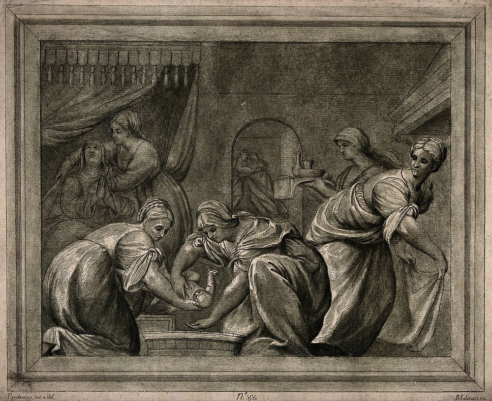 The birth of the Virgin  amidst much celebration. Colour engraving by S. Mulinari after G. Pordenone.