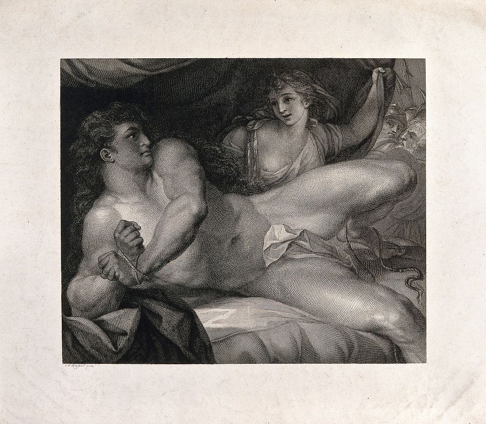 As Samson breaks his bonds, Delilah pulls back the curtain to reveal her soldiers. Engraving after J.F. Rigaud.