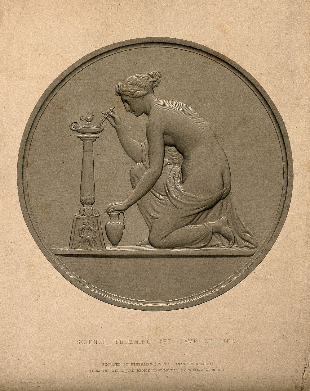 A female figure representing science trimming the lamp of life. Engraving by A. R. Freebairn, 1849, after W. Wyon.